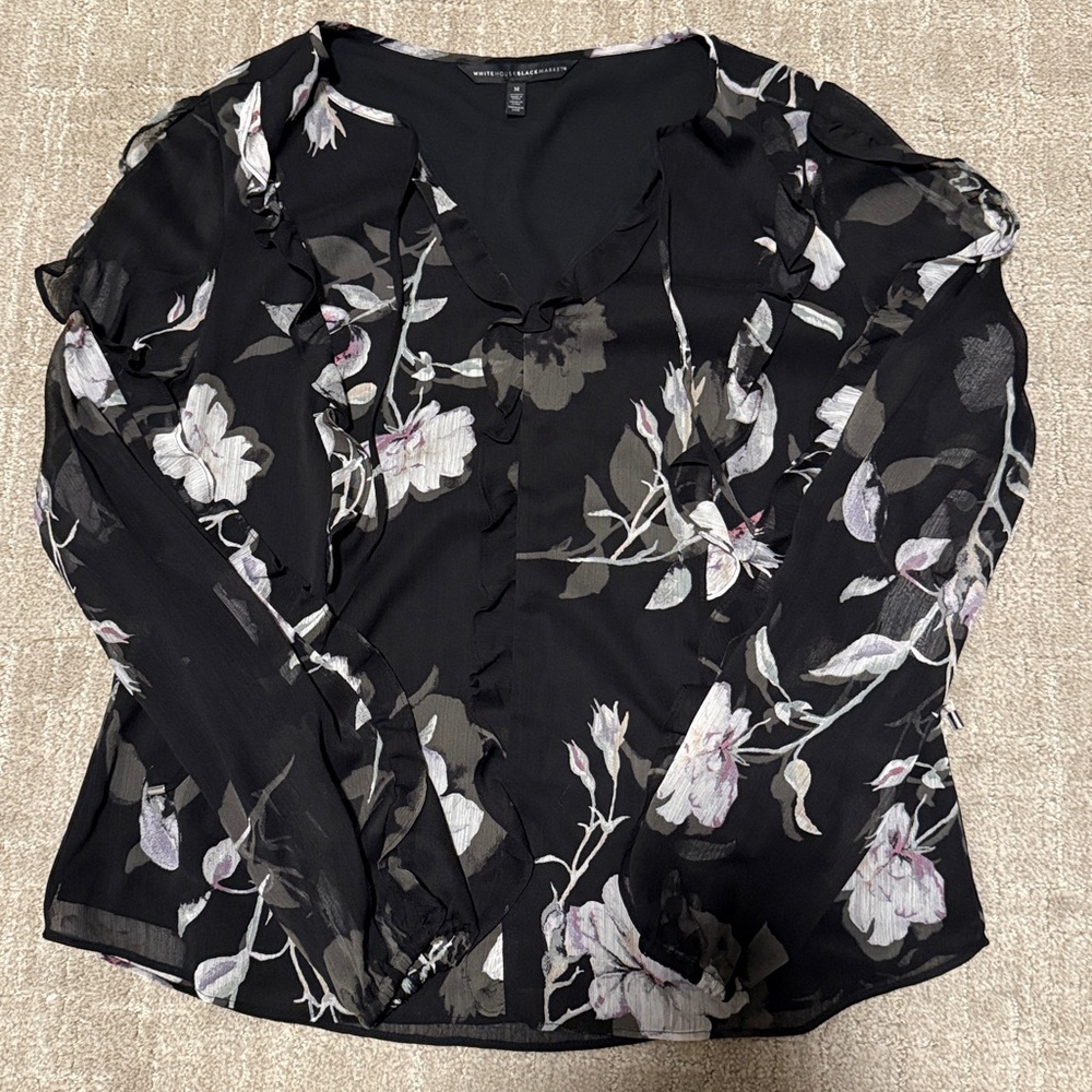 White House Black Market black floral blouse sz M - Picture 3 of 5